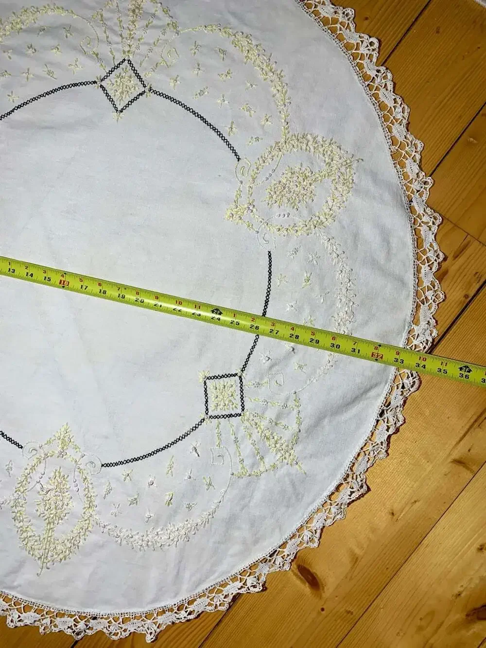 Embroidered Crochet Round  small table cloth vintage handmade beige yellow pink